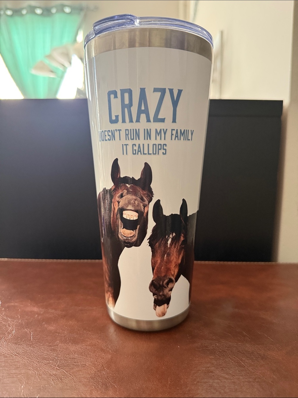 Source Unknown White and Brown Horse Graphic Travel Tumbler